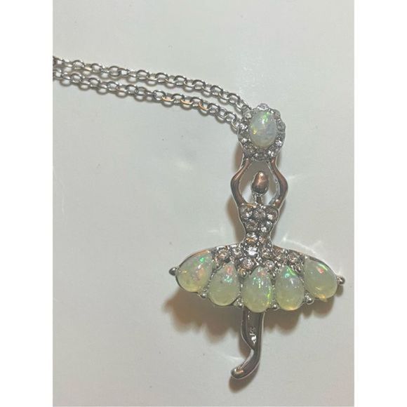 STUNNING WHITE OPAL N SAPPHIRE ON SILVER BALLERINA NECKLACE - Picture 4 of 8